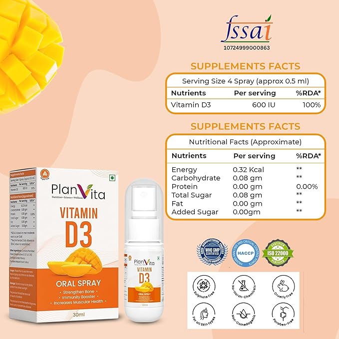 PlanVita Vitamin D3 600iu Supplement Spray For Bone & Muscle Health (30 Days Dose)